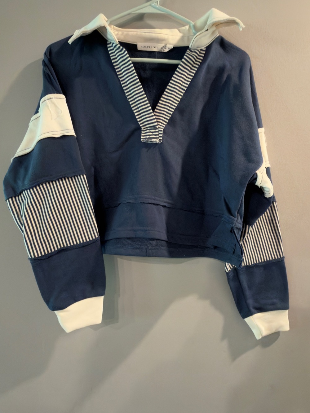 Altar'd State Navy & White Striped V-Neck Hoodie